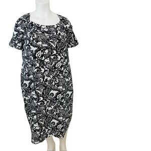 Roamans  Black White Midi Dress 20W Floral Zip Short Sleeve Classic Work  Office